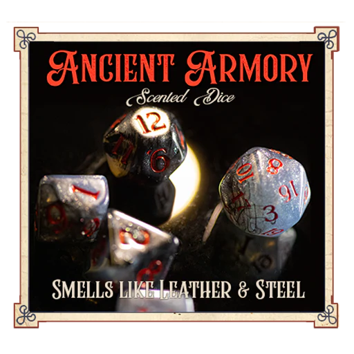 Baron Smelly Bones: Scented Dice - "Ancient Armory" - Polyhedral 7-set
