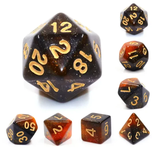 "Black Cherry Cola" - Orange and Black Swirl with Gold Inking - Polyhedral Dice (7) - Level One Dice