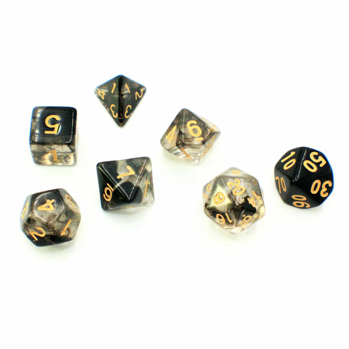 "Black Licorice" - Black and Transparent Swirl with White - Polyhedral Dice (7) - Level One Dice