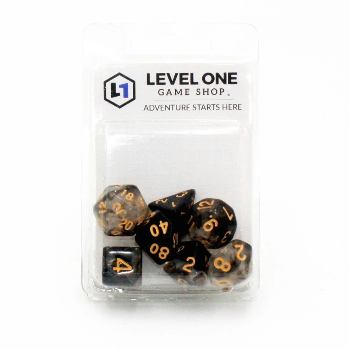 "Black Licorice" - Black and Transparent Swirl with White - Polyhedral Dice (7) - Level One Dice - Image 2