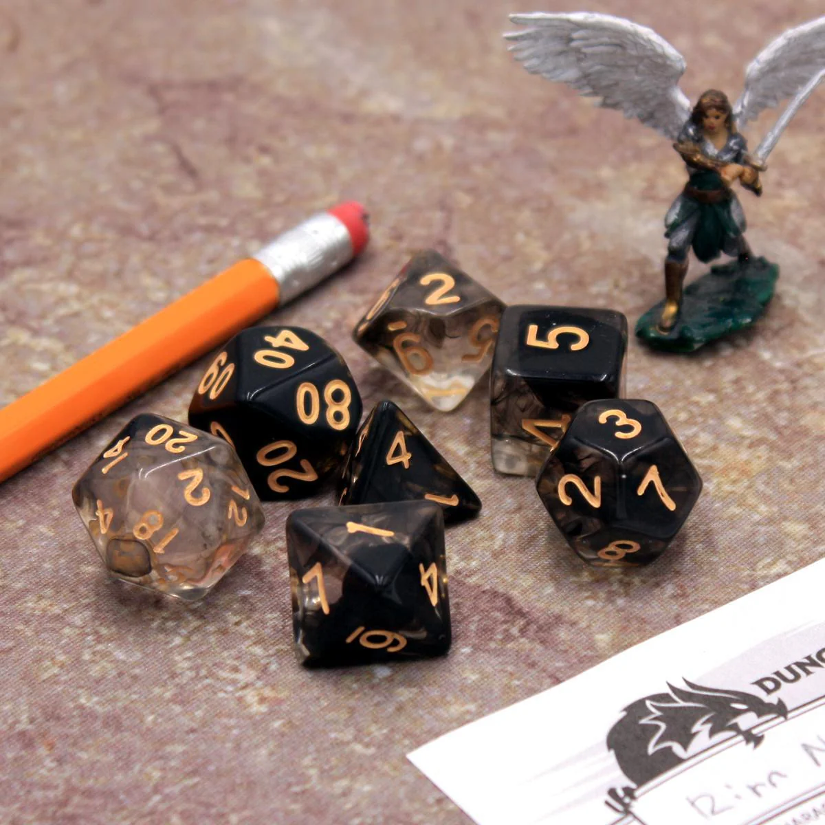 "Black Licorice" - Black and Transparent Swirl with White - Polyhedral Dice (7) - Level One Dice - Image 5