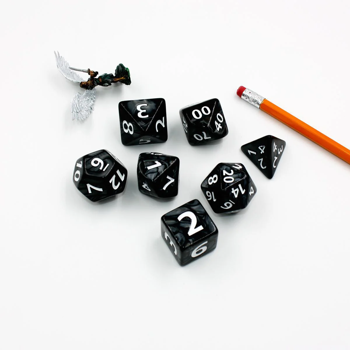 "Black Tapioca" - Black Marble with White - Giant Polyhedral Dice (7) - Level One Dice