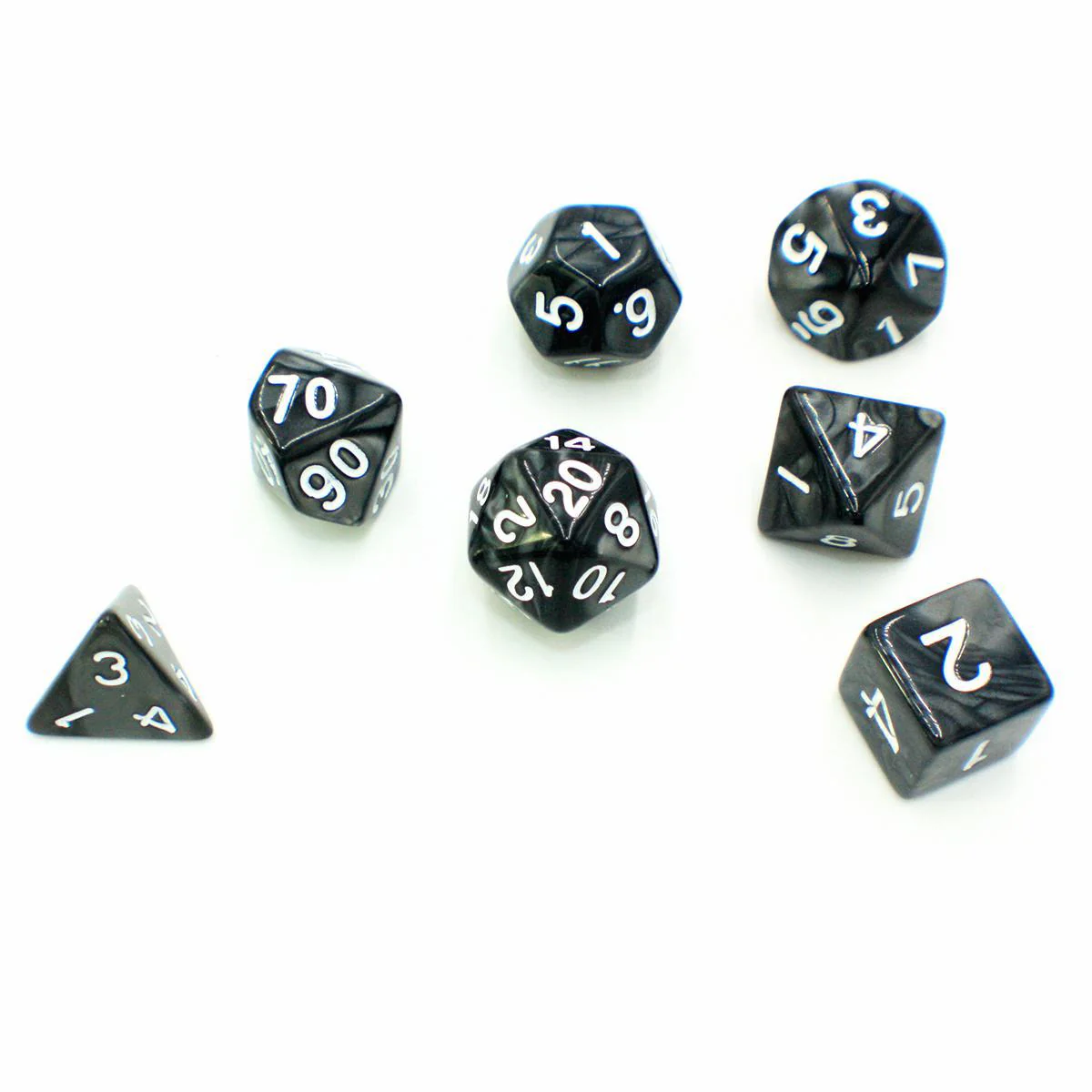 "Black Tapioca" - Black Pearlescent with White - Polyhedral Dice (7) - Level One Dice
