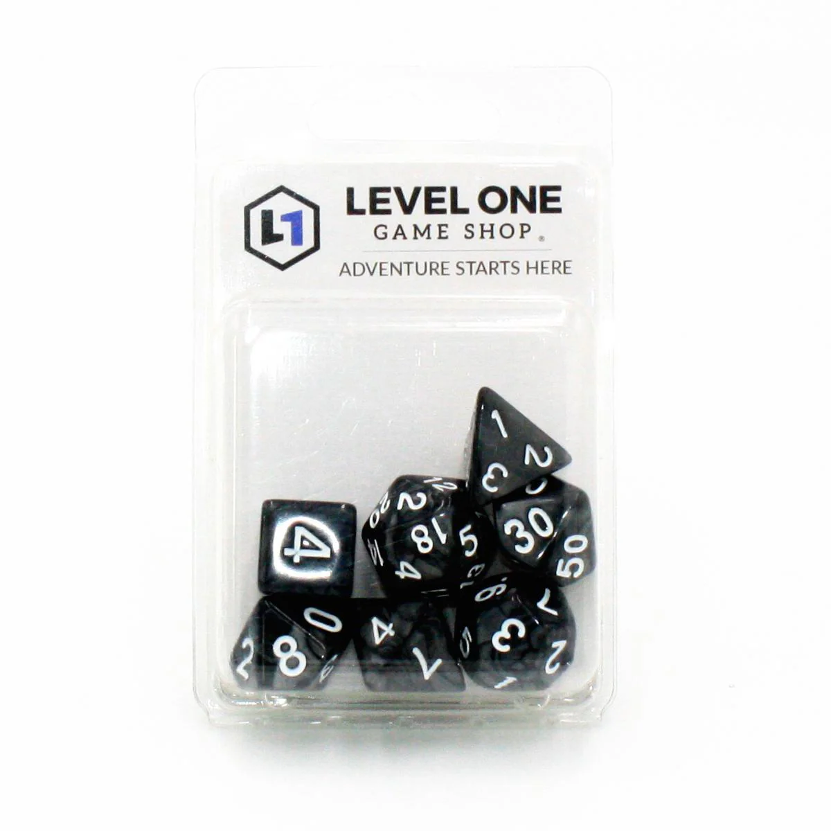 "Black Tapioca" - Black Pearlescent with White - Polyhedral Dice (7) - Level One Dice - Image 2