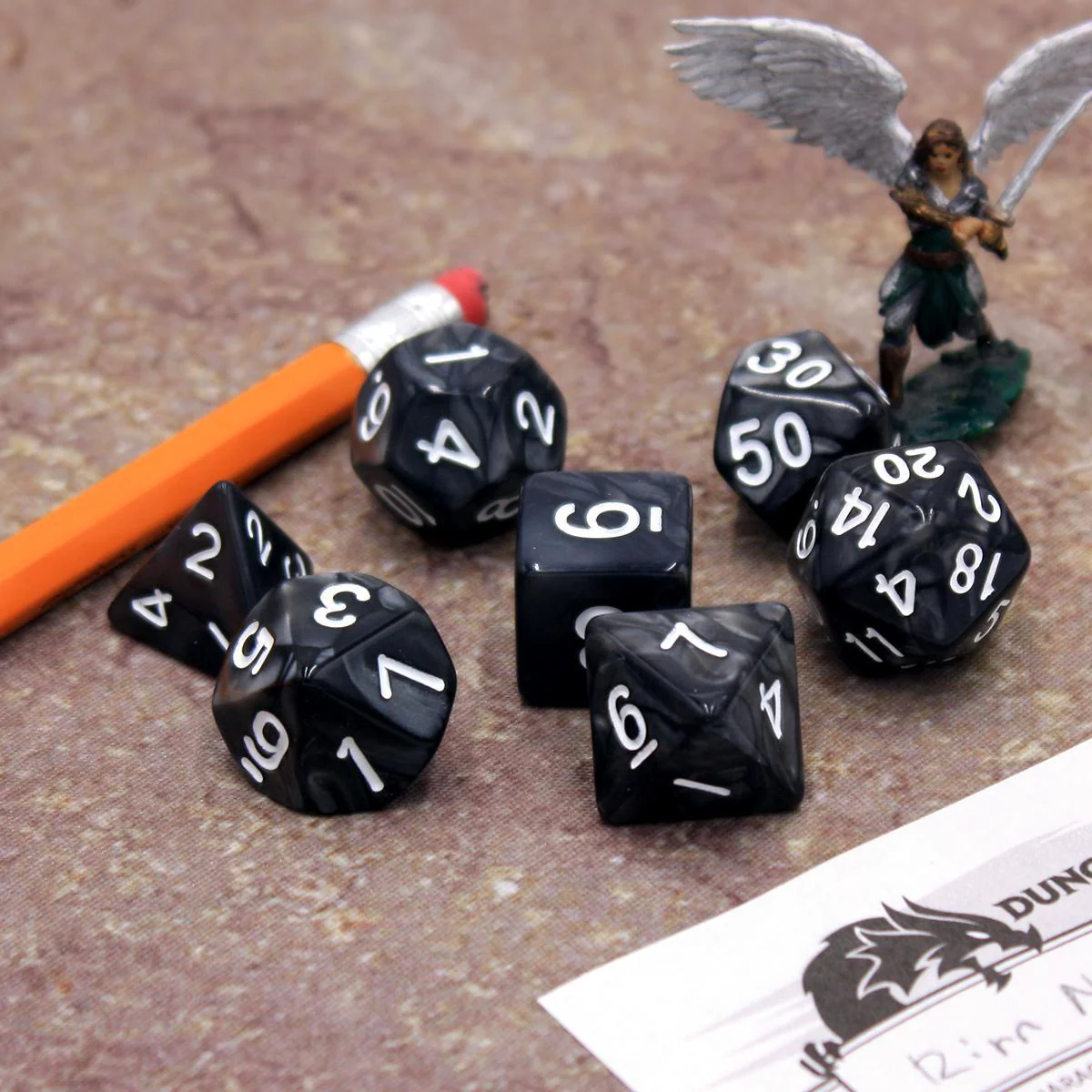 "Black Tapioca" - Black Pearlescent with White - Polyhedral Dice (7) - Level One Dice - Image 5