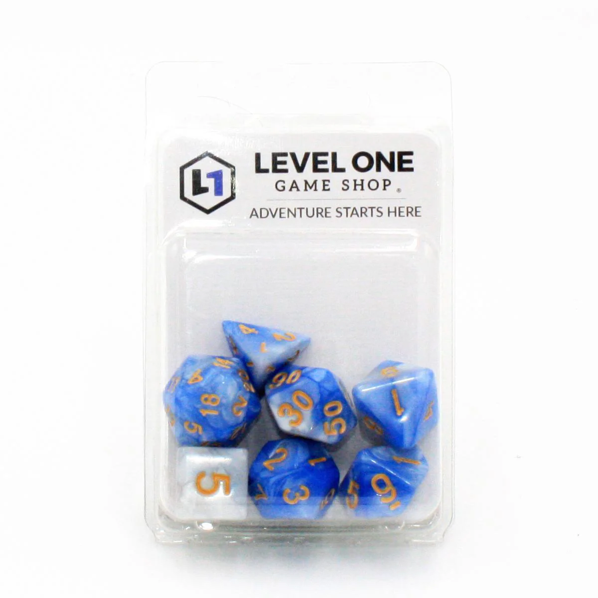 "Blue Macaron" - Light Blue and White Pearlescent with Gold Swirl - Polyhedral Dice (7) - Level One Dice - Image 2