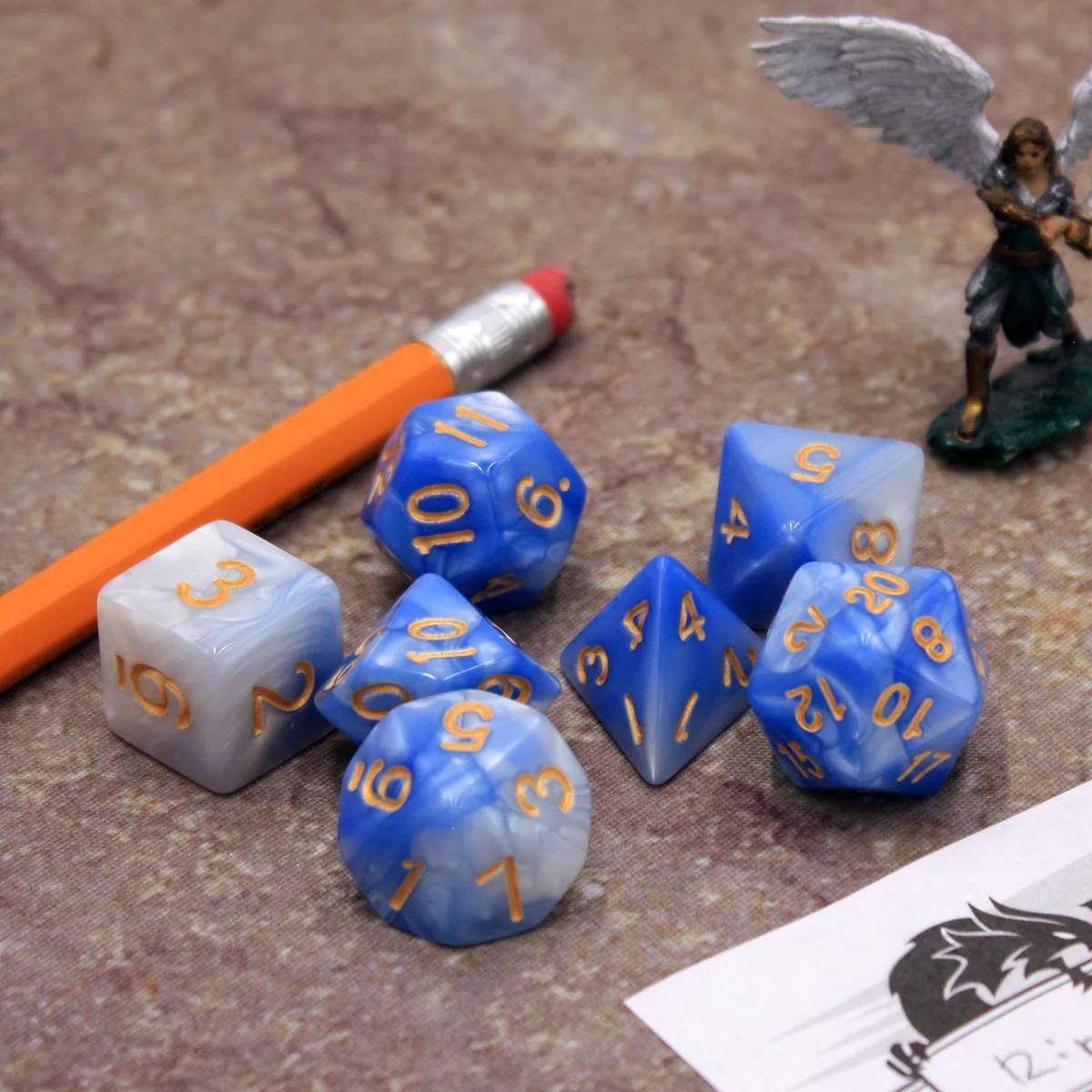 "Blue Macaron" - Light Blue and White Pearlescent with Gold Swirl - Polyhedral Dice (7) - Level One Dice - Image 5