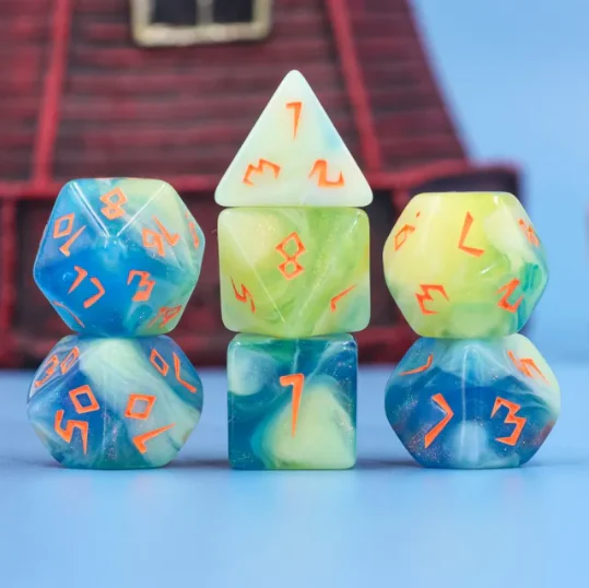 "Blueberry Lemonade" -Yellow and Blue Swirl with Gold Inking - Polyhedral Dice (7) - Level One Dice