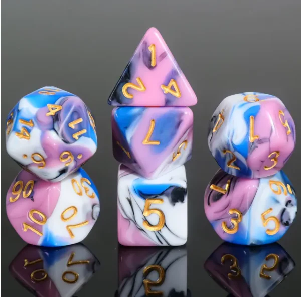 "Bomb Pop Remix" - Pink, Blue, Black, and White Swirl with Gold Inking - Polyhedral Set (7) - Level One Dice