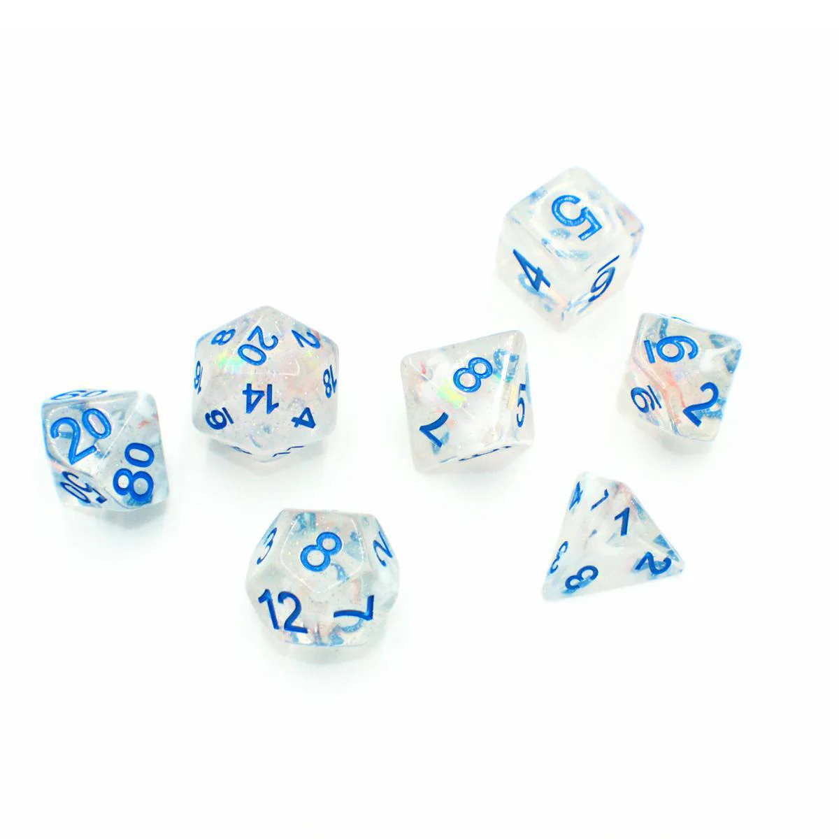 "Cereal Milk" - Transparent White Swirl and Particles with Blue - Polyhedral Dice (7) - Level One Dice