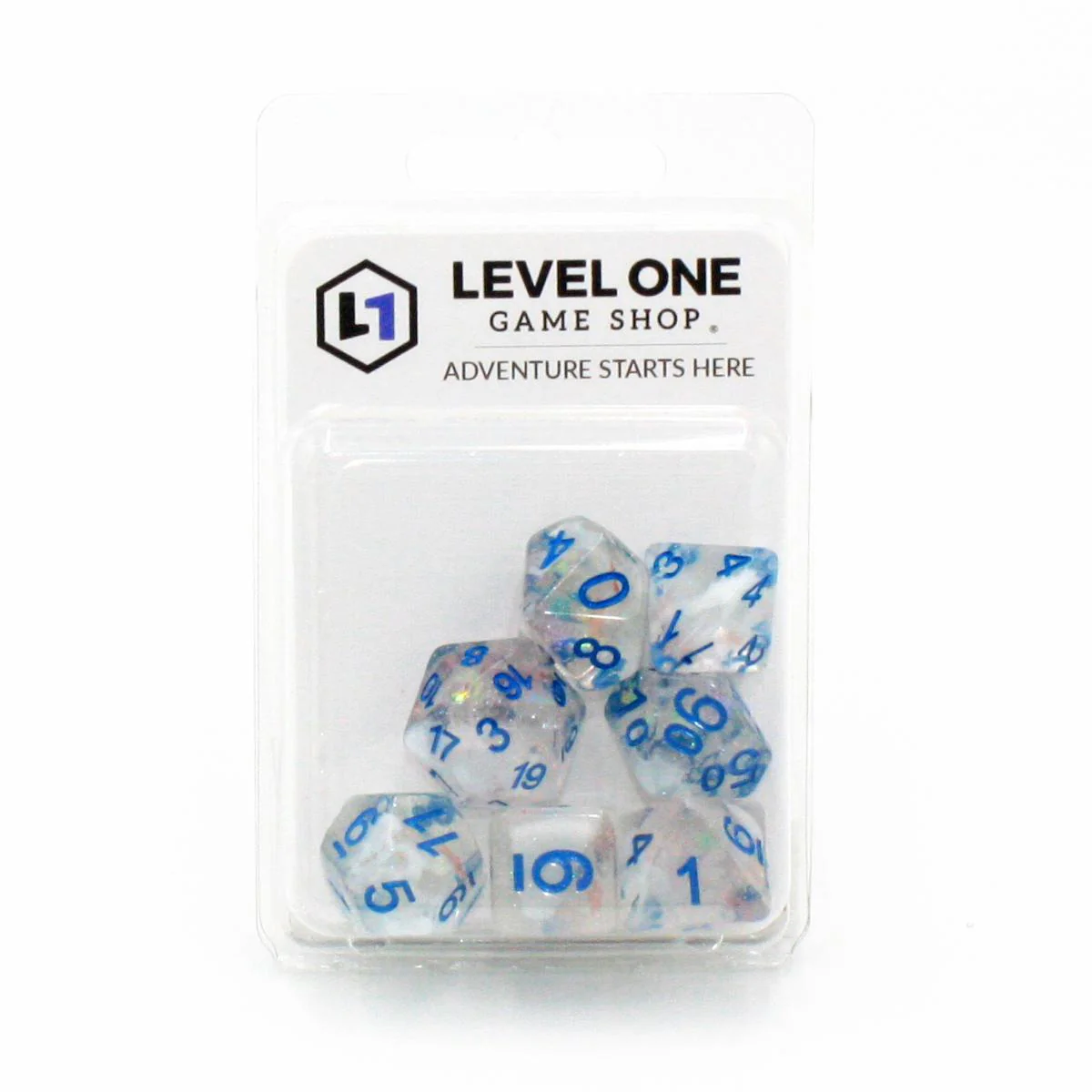 "Cereal Milk" - Transparent White Swirl and Particles with Blue - Polyhedral Dice (7) - Level One Dice - Image 2