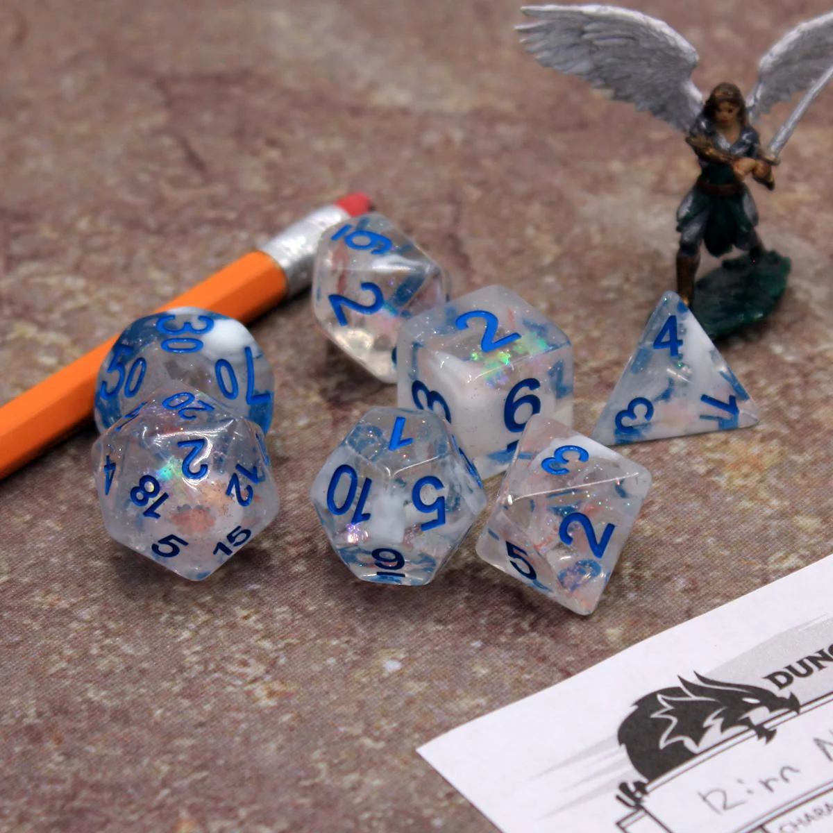 "Cereal Milk" - Transparent White Swirl and Particles with Blue - Polyhedral Dice (7) - Level One Dice - Image 5