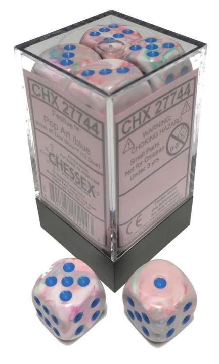 Chessex: Festive Pop-Art w/ Blue - 16mm d6 Dice Set (12) - CHX27744