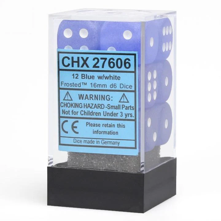 Chessex: Frosted Blue w/ White - 16mm d6 Dice Set (12) - CHX27606