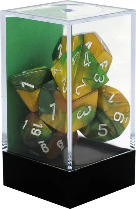 Chessex: Gemini Gold Green w/ White Dice - Polyhedral Dice Set (7) - CHX26425