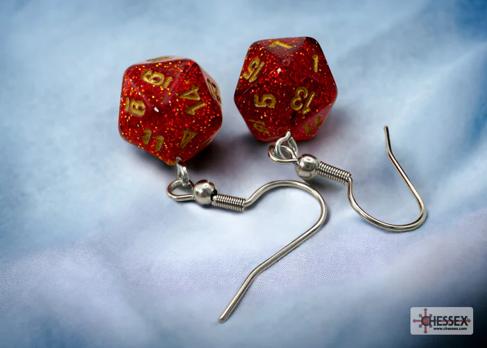 Chessex: Hook Earrings - Glitter Ruby Mini-Poly d20 Pair - CHX54208