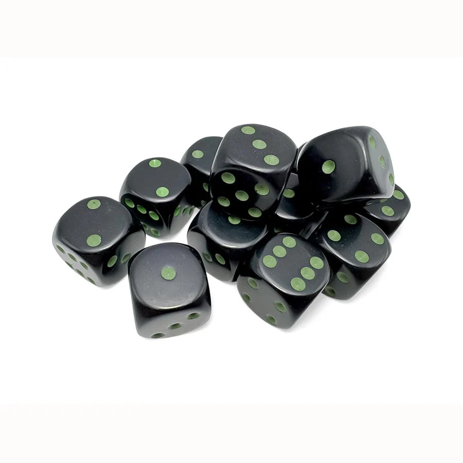 Chessex: Opaque Black with Green 16mm 12 Count D6 Block