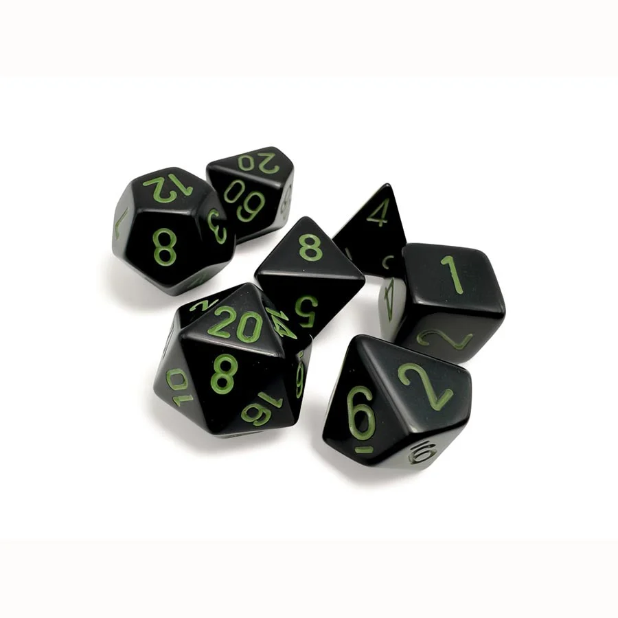 Chessex: Opaque Black with Green - Polyhedral Dice Set (7)
