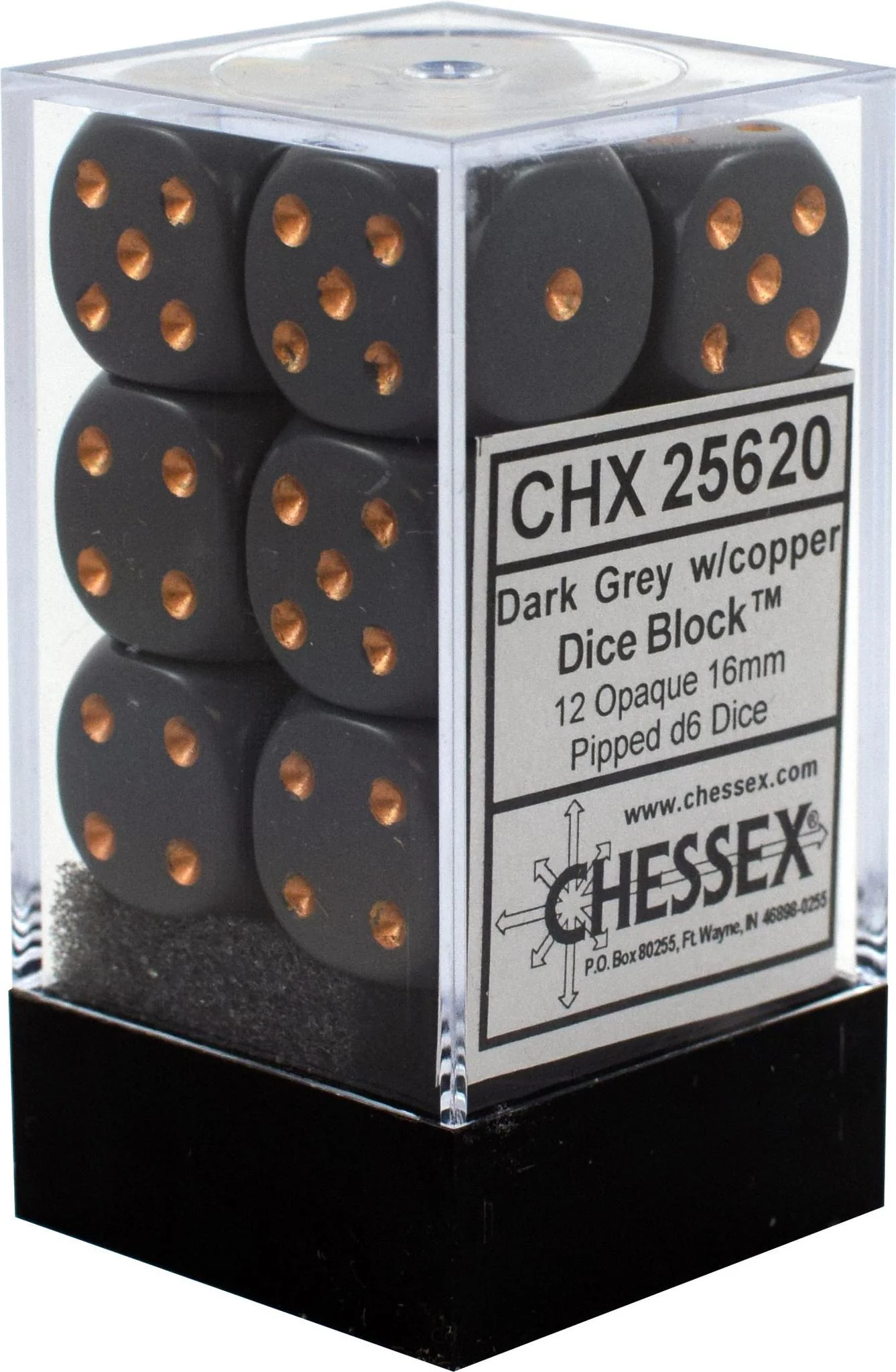 Chessex: Opaque Dark Grey w/ Copper - 16mm d6 Dice Set (12) - CHX25620