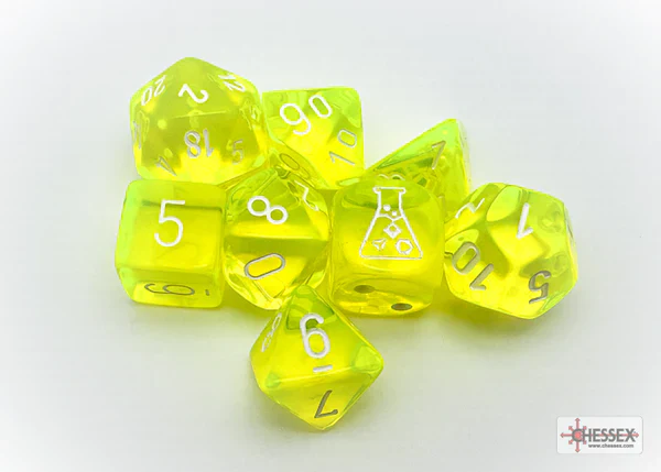 Chessex: Translucent Neon Yellow w/ White - Lab Polyhedral Dice Set (7) - CHX30061