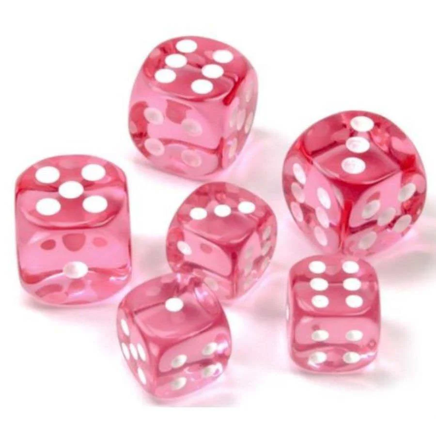 Chessex: Translucent Pink w/ White - 16mm d6 Dice Set (12) - CHX23614