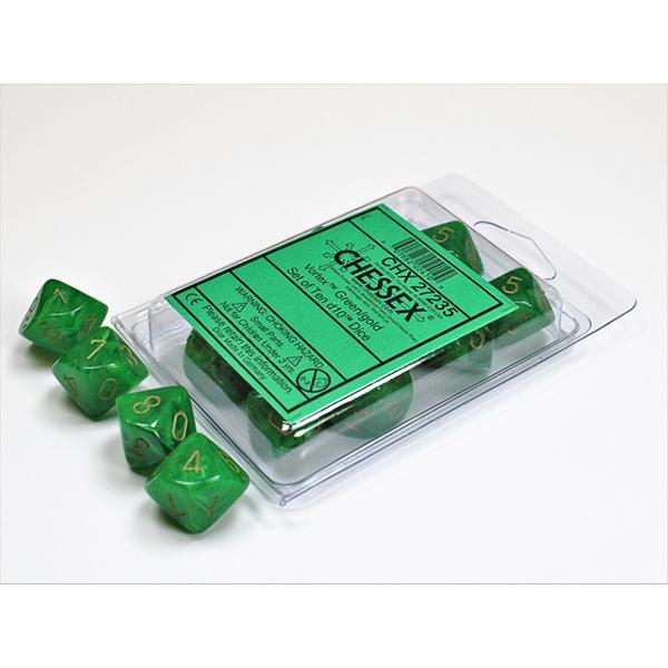Chessex: Vortex Green w/ Gold - Dice Set 10D10 - CHX27235