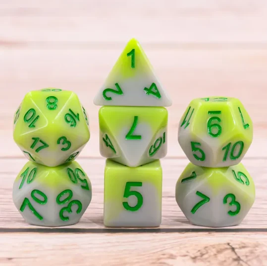 "Cool Cucumber" - Green and Grey Swirl with Green Inking - Polyhedral Dice (7) - Level One Dice