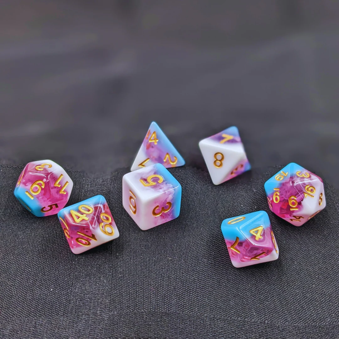 "Dremesavers" Pink/White/Blue with Gold - Polyhedral Dice (7) - Level One Dice