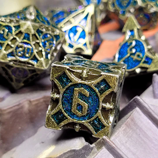 Forged Gaming: Arcane Enigma Ancient Gold Blue - Metal RPG Dice Set
