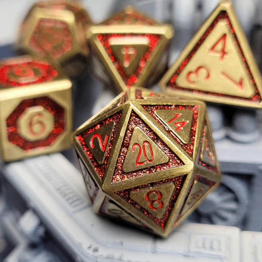 Forged Gaming: Celestial Artifact Antiqued Gold Red Glitter - Metal RPG Dice Set
