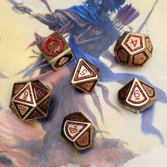 Forged Gaming: Celestial Artifact Antiqued Gold Red Glitter - Metal RPG Dice Set - Image 2