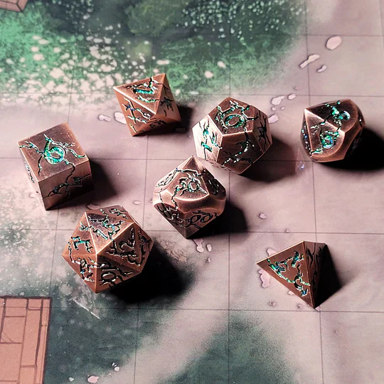 Forged Gaming: Cracked Antique Copper With Green Glitter - Metal RPG Dice Set