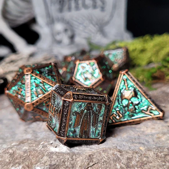 Forged Gaming: Cryptic Reliquary Shimmering Green - Metal RPG Dice Set