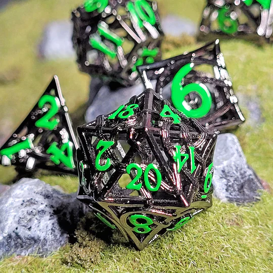 Forged Gaming: Entangled Fate Silver Green - Hollow Metal RPG Dice - Image 2