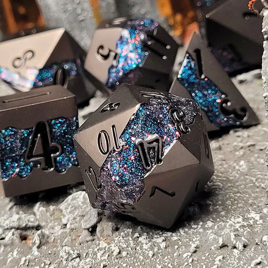 Forged Gaming: Galactic Flow Gunmetal Matte Color-Shift Glitter- Metal RPG Dice Set