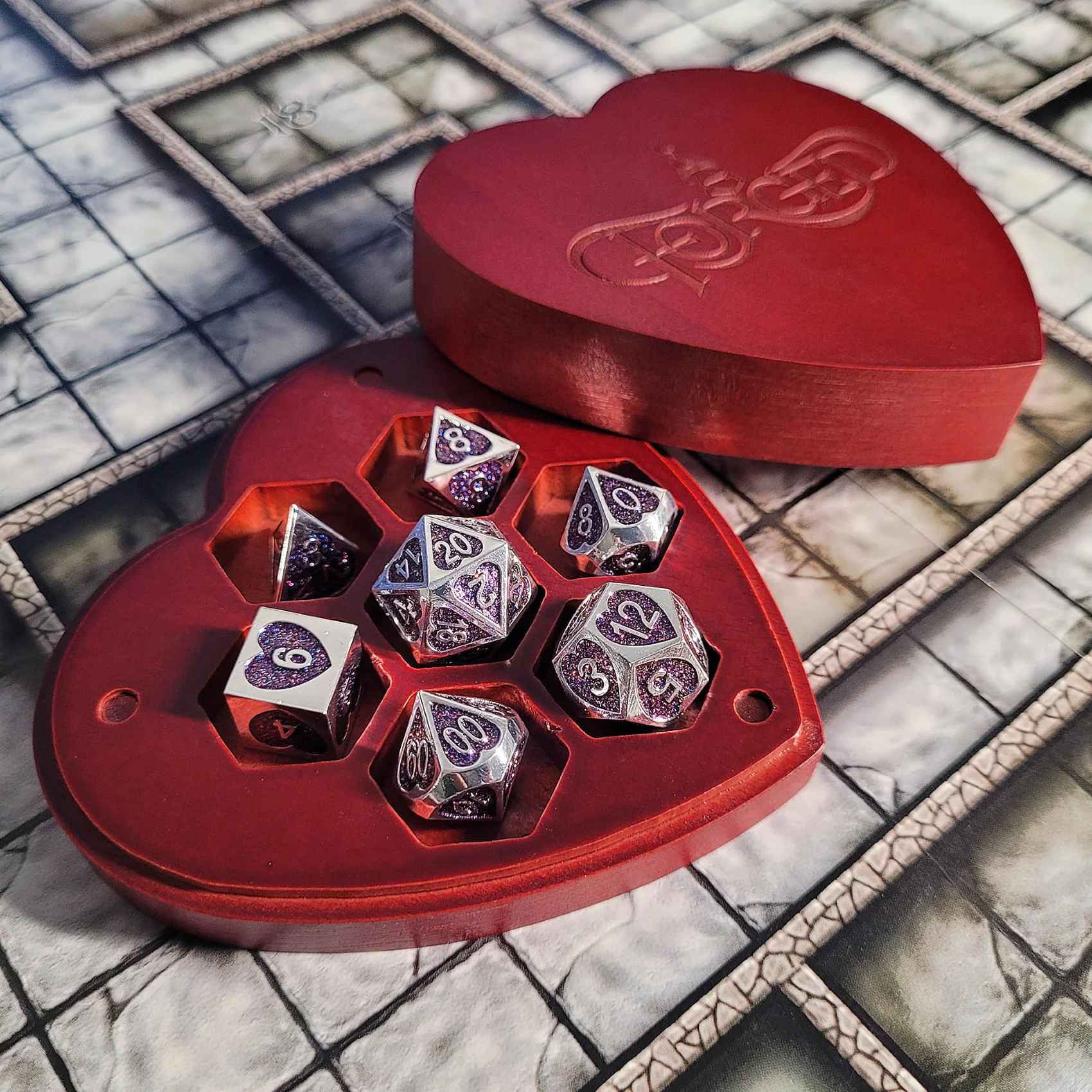 Forged Gaming: Soaring Heart - Metal RPG Dice Set with Custom Wooden Dice Box - Red