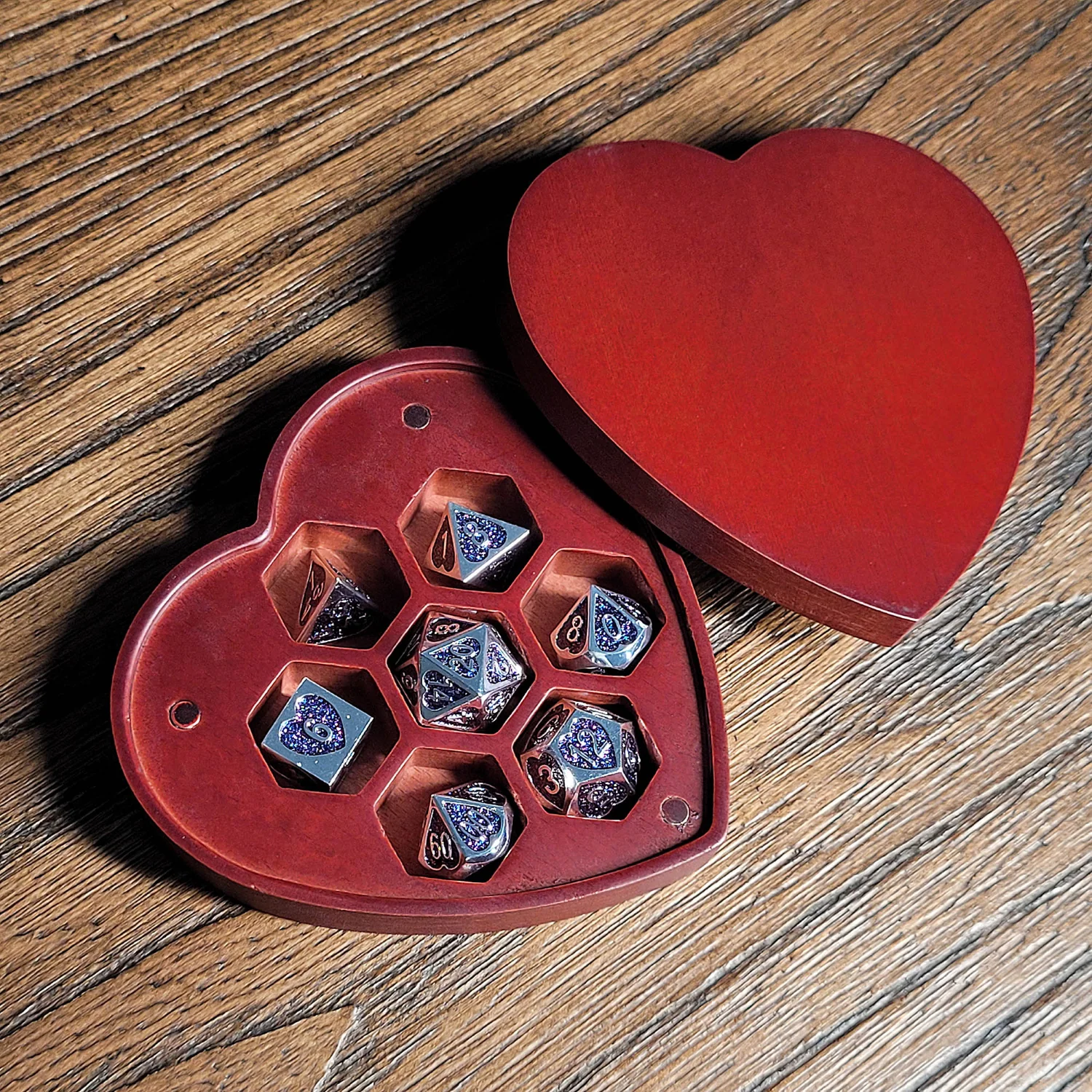 Forged Gaming: Soaring Heart - Metal RPG Dice Set with Custom Wooden Dice Box - Red - Image 4