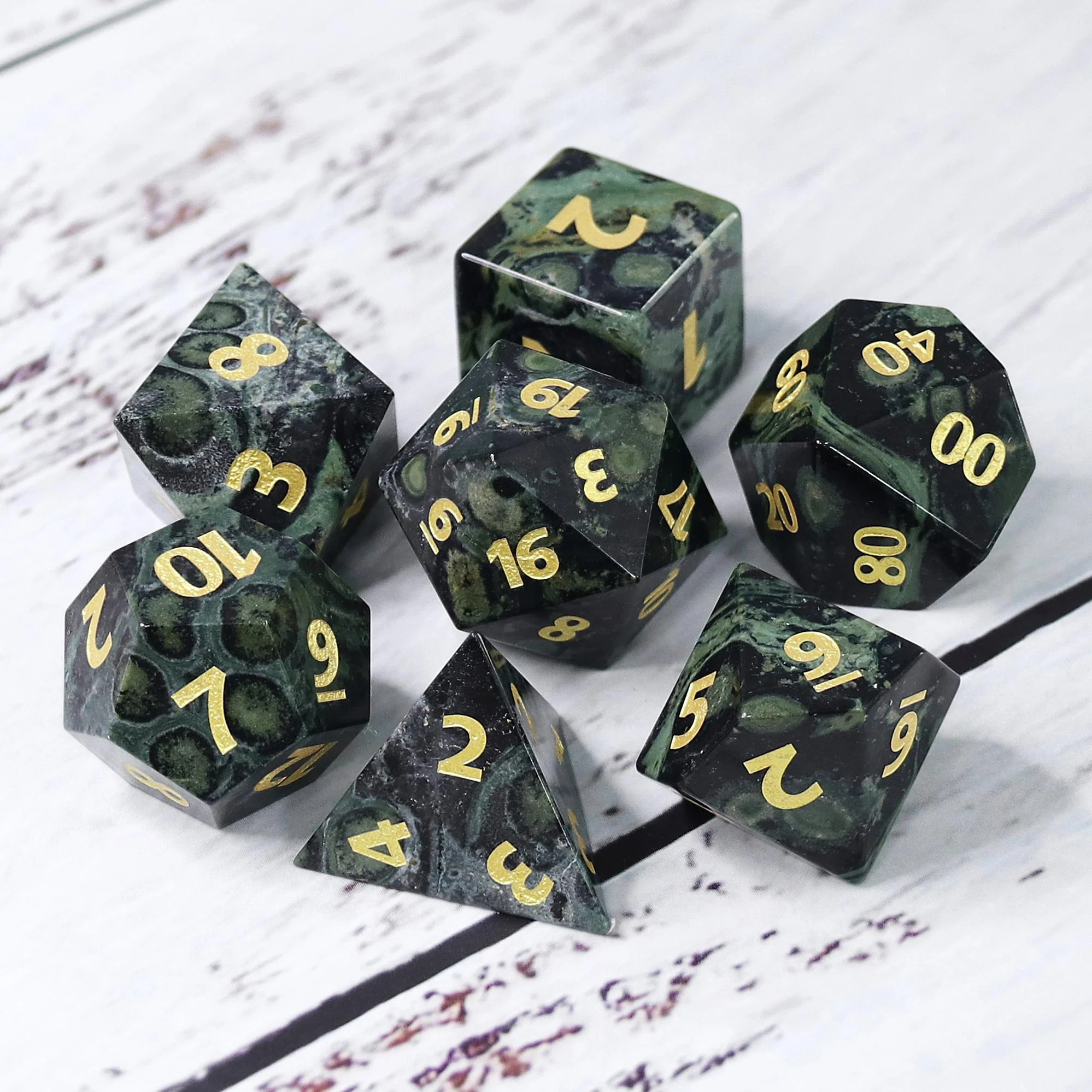 "Ghostrock" - Black and Green Swirl Kambaba Jasper with Gold Inking - Polyhedral Gemstone Dice (7) - Level One Dice