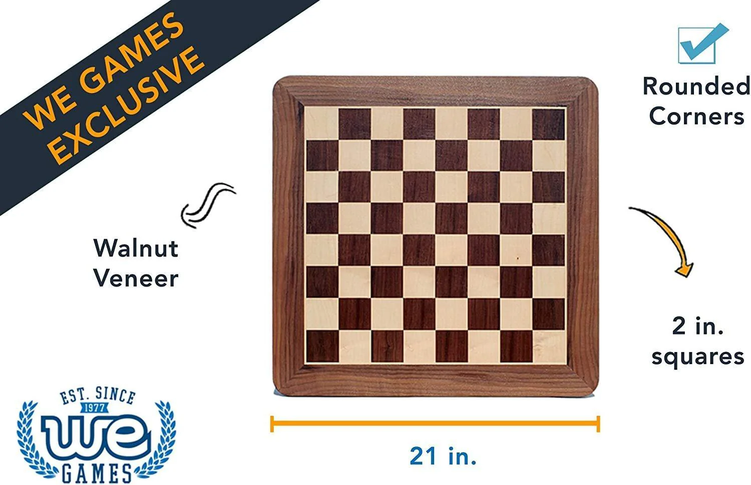 Wood Expressions: Grand Chess Board - 21-inch Walnut with Rounded Corners - Image 3