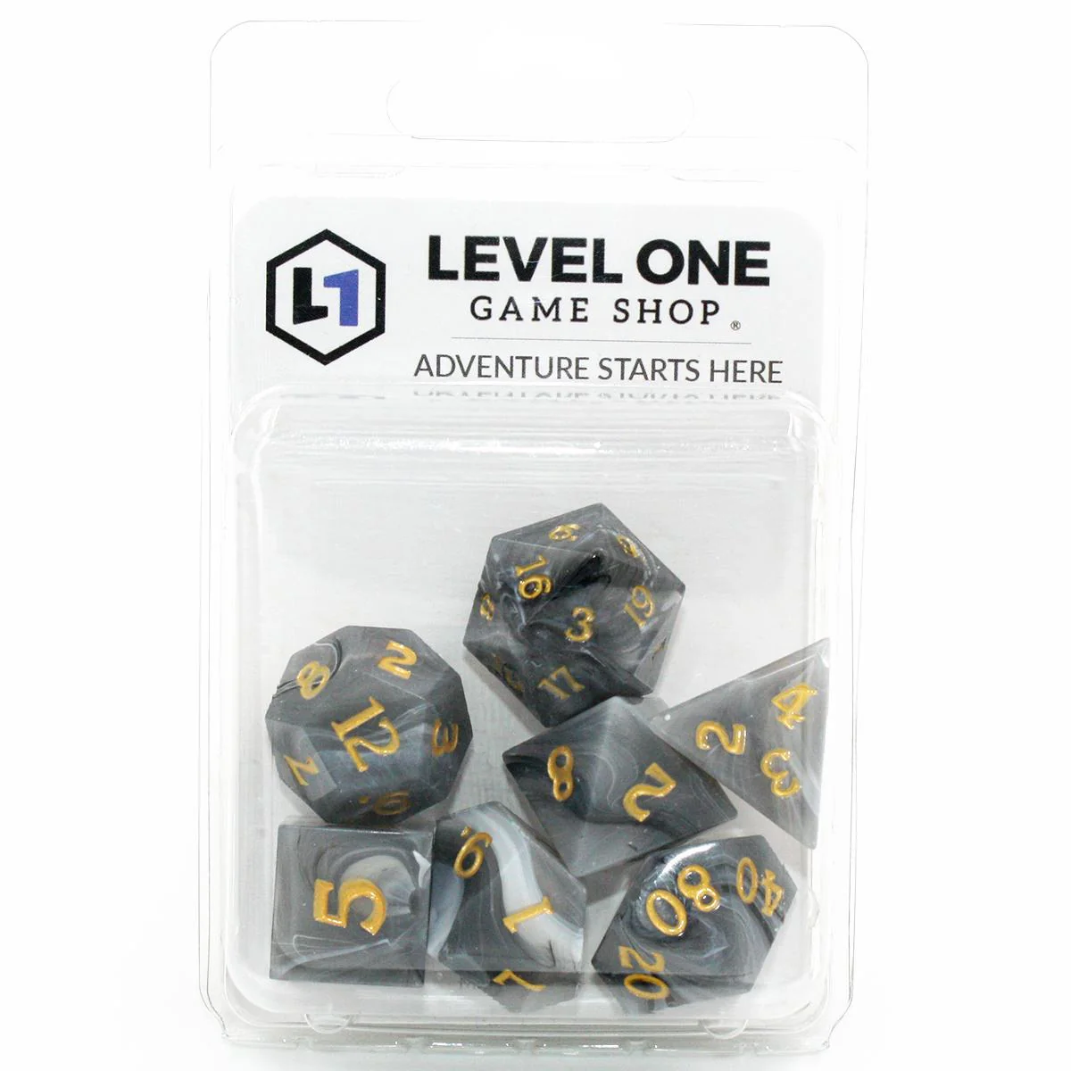 "Granite Gravy" Gray with Gold Sharp Edge - Polyhedral Dice (7) - Level One Dice - Image 2