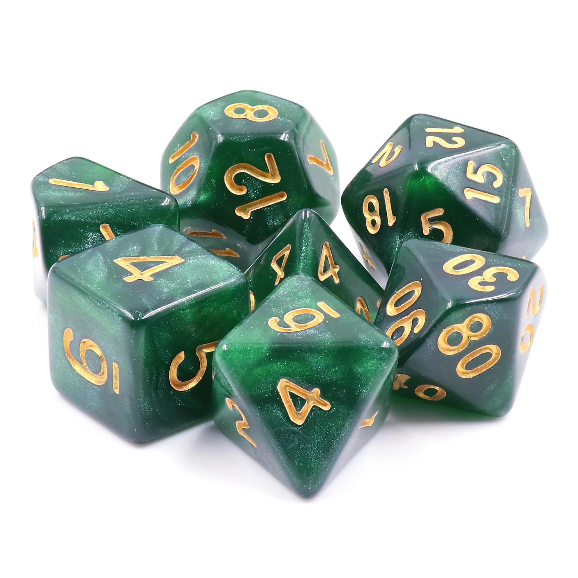 "Evening Tea" - Green and Black Swirl with Gold Inking - Polyhedral Dice (7) - Level One Dice
