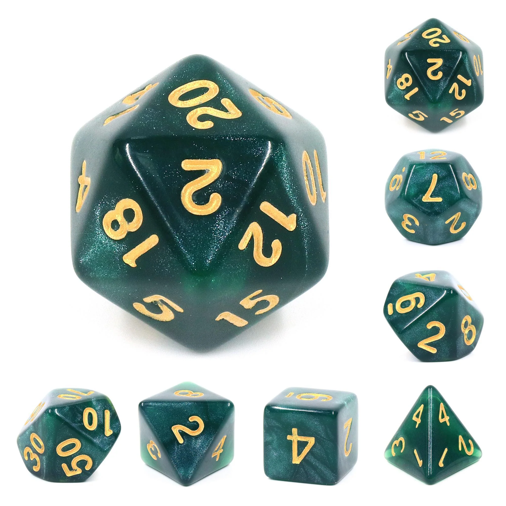 "Evening Tea" - Green and Black Swirl with Gold Inking - Polyhedral Dice (7) - Level One Dice - Image 2