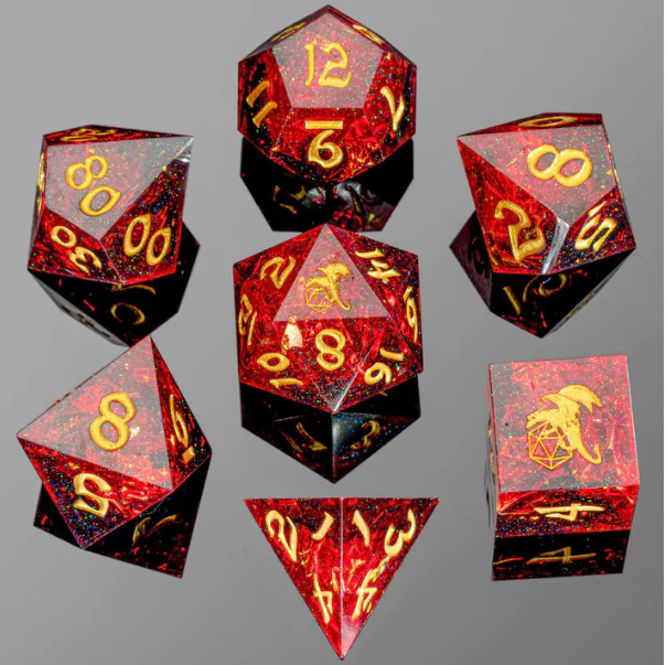 HYMGHO Dice: Captured Magic Handmade Sharp Edge Resin Dice - Red and Black