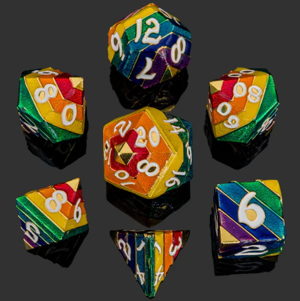 HYMGHO Dice: Pride Rainbow Metal Dice Set-Gold with white numbers