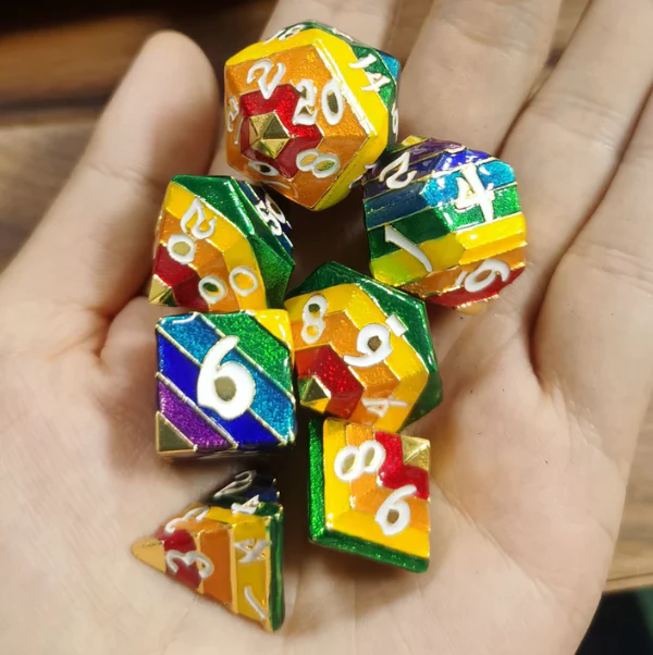 HYMGHO Dice: Pride Rainbow Metal Dice Set-Gold with white numbers - Image 2