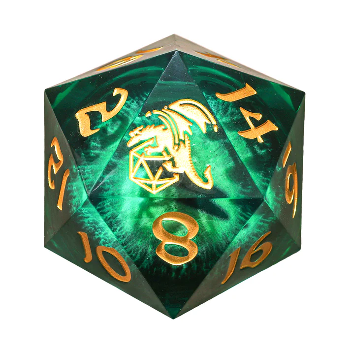 HYMGHO Dice: Sharp Edged Resin LED 33mm D20 - Always Watching - Beholder's Gaze - Green