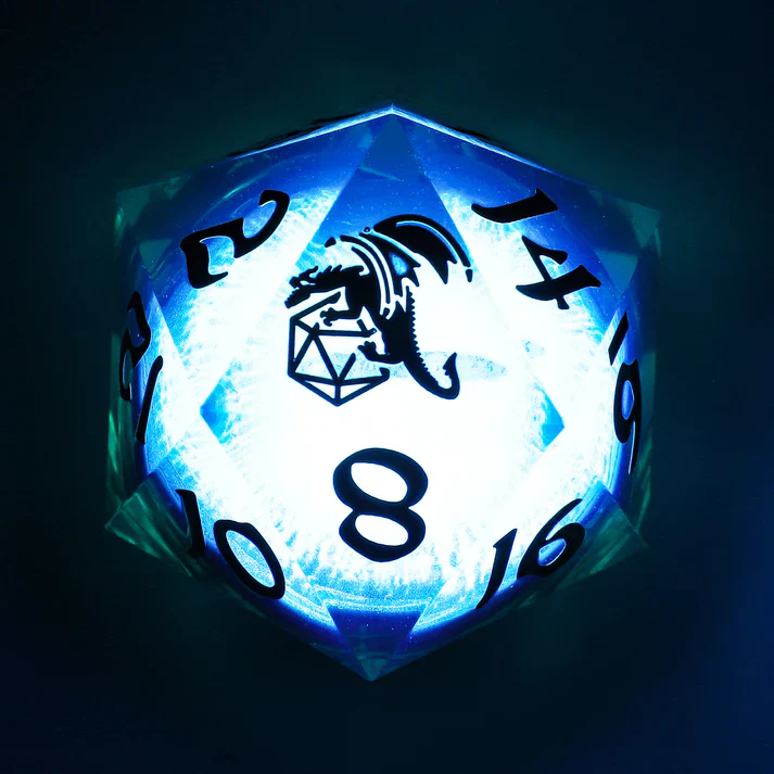 HYMGHO Dice: Sharp Edged Resin LED 33mm D20 - Always Watching - Beholder's Gaze - Green - Image 2