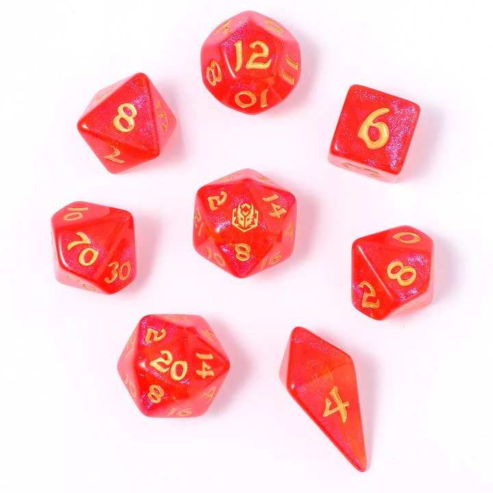 HYMGHO Dice: Wyrmforged Rollers - Rounded Edge - 8 Piece Polyhedral Dice Set - Fireball