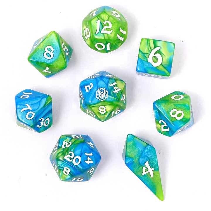 HYMGHO Dice: Wyrmforged Rollers - Rounded Edge - 8 Piece Polyhedral Dice Set - Verdant Stream