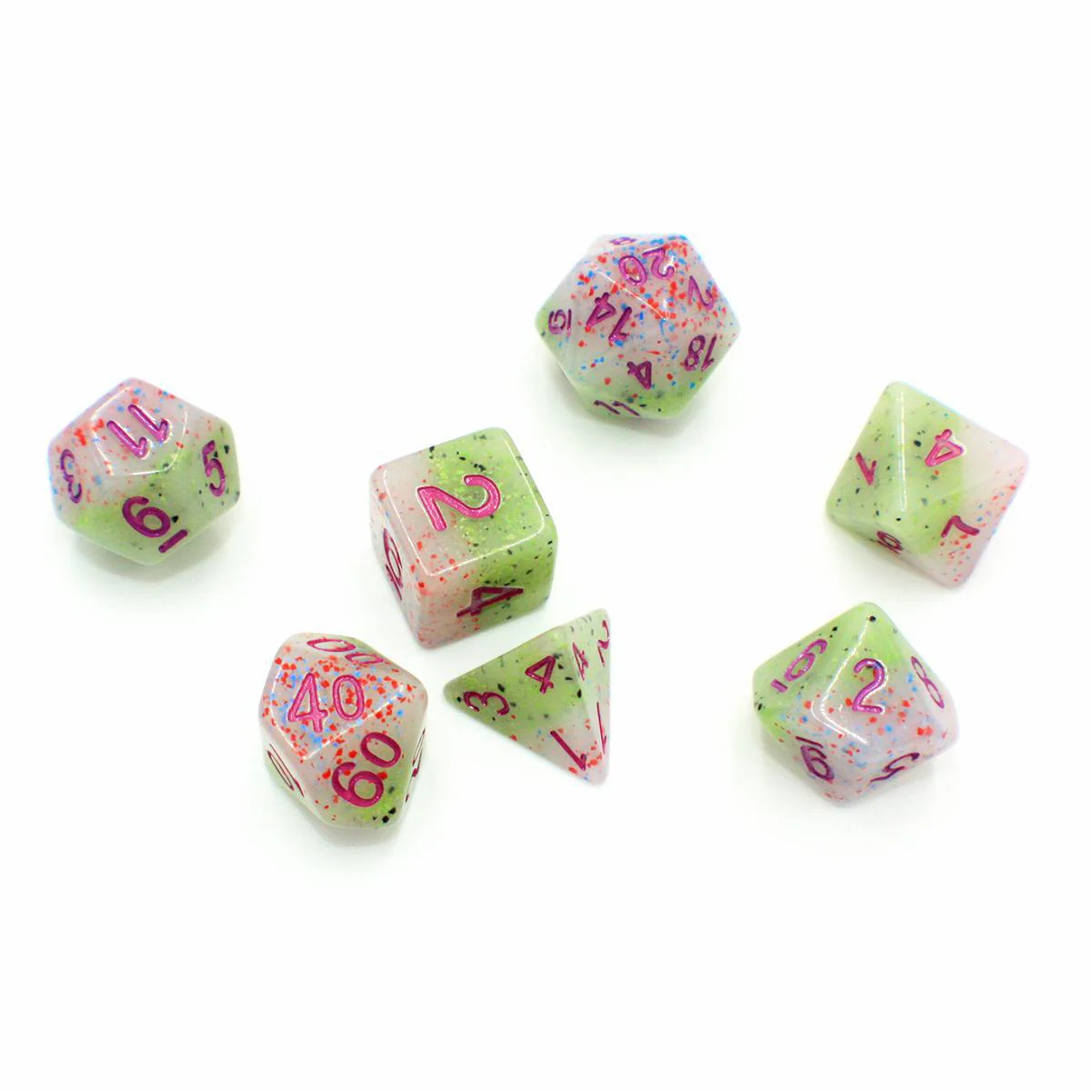 "Kiwi Berry" - Green and Pink Particle Layer - Polyhedral Dice (7) - Level One Dice